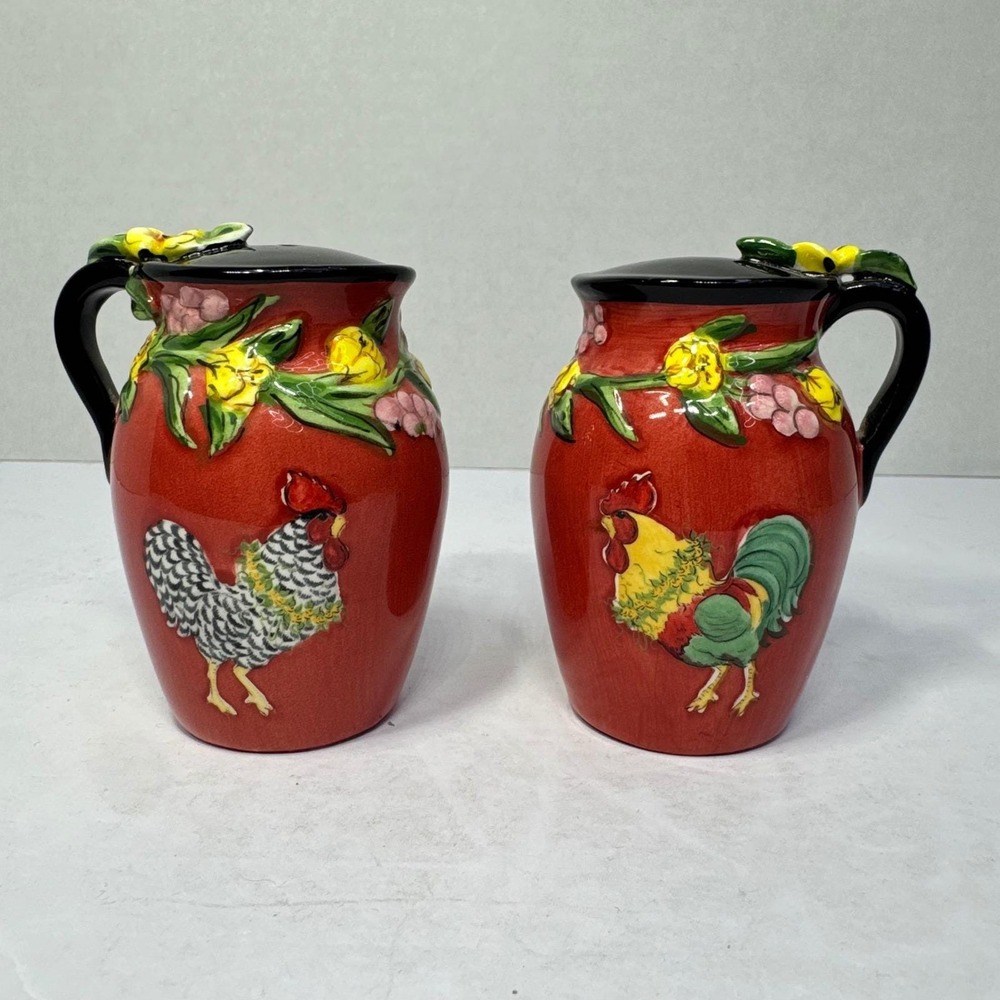 Blue Sky Elisabeth Pohle Rooster Salt and Pepper Shakers Red Floral 2004 Set VTG